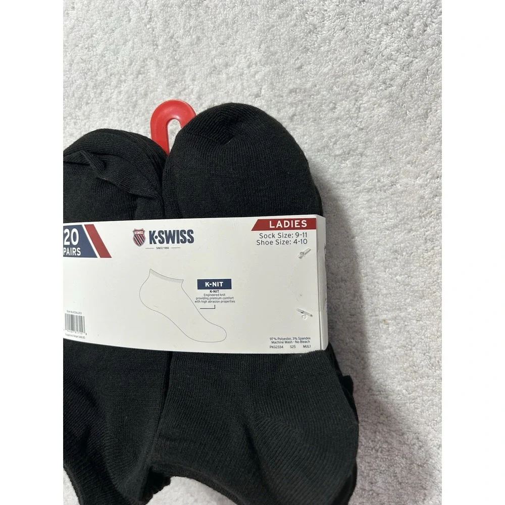 K-Swiss Ladies 9-11 Black Ankle Polyester Blend Socks 20 Pairs (B5)